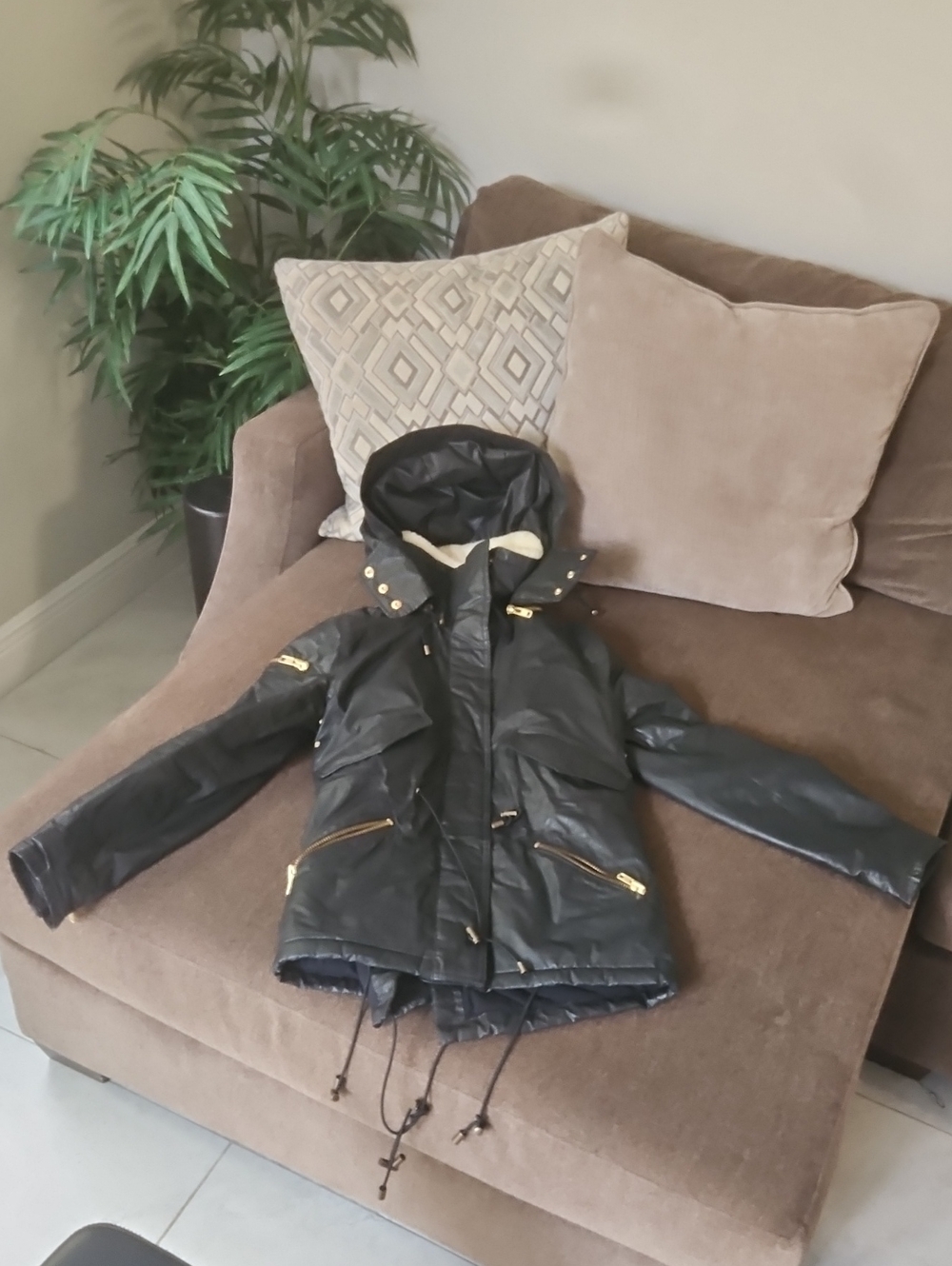 SAM. Black Hooded Puffer Jacket with Gold Hardware
